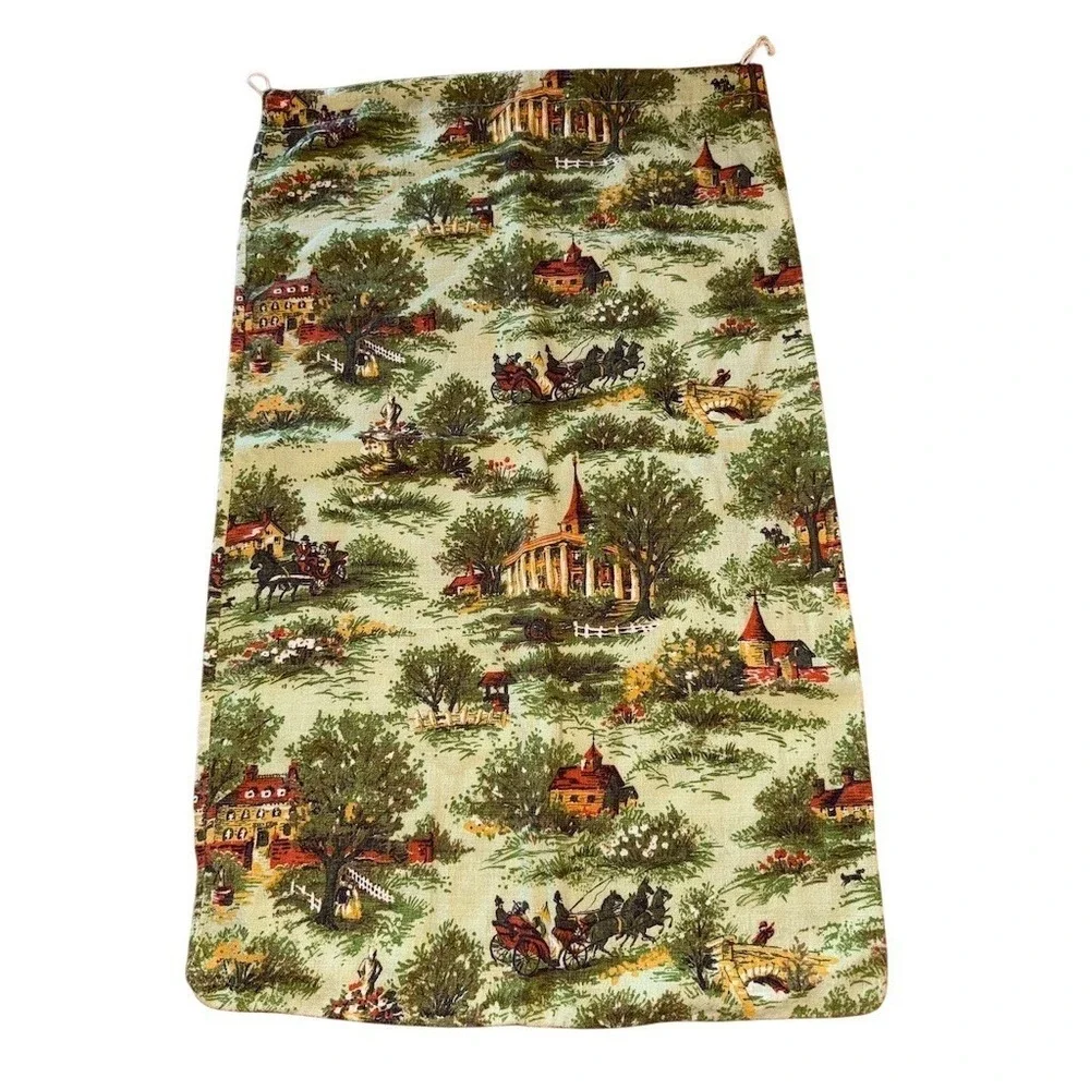 Vtg Toile Scenic‎ Drawstring Laundry Bag Large 31x19 linens hamper countryside